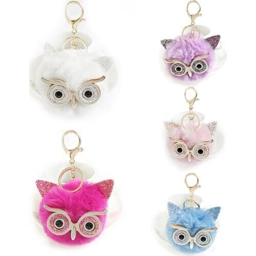 Cute Soft Fluffy Owl Pendant Key Ring Handbag Decoration Accessory Gift for Women Girls Kids Toy