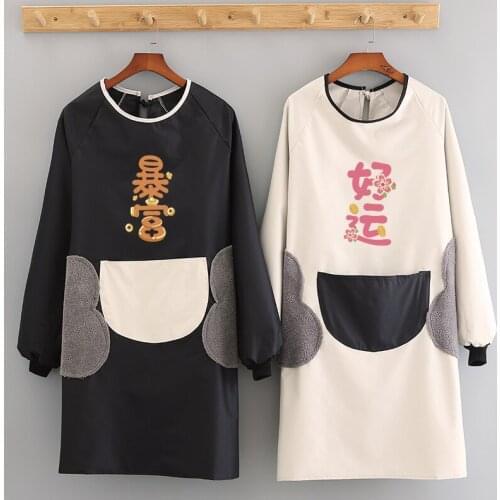 Fashion apron waterproof and oil-proof autumn and winter thickening kitchen cooking overalls womens long-sleeved