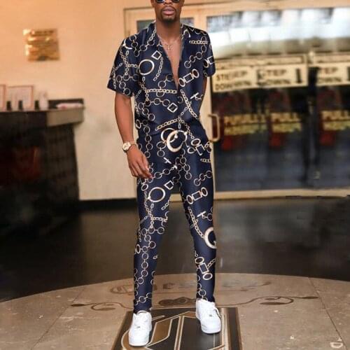 2021 Casual Outfit Retro Ethnic Style Mens Sets Summer Beach Short Sleeve Set Male Fashion Lapel Short sleeve shirt Suit