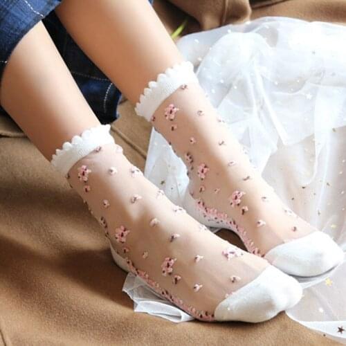 1 Pair Breathable Ultra Thin Socks Summer Women Transparent Lace Silk Crystal Rose Flower Girls Elastic Short Socks Female Sox