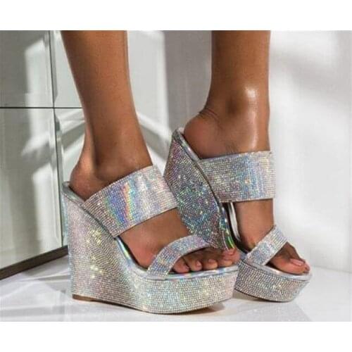 Summer New Woman Sliver Yellow Champagne Color Bling Rhinestone Crystal Wedge Sandals Female Super Platform Slip On Slippers