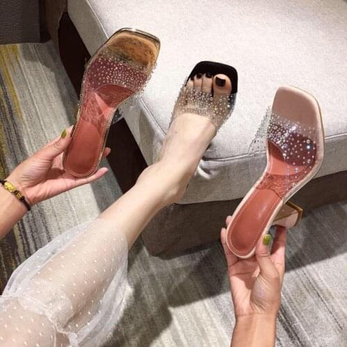 New Bling Diamond Transparent PVC Pointed Toe Slippers Women Sandals Fashion Clear Crystal Cup Heel Wedding Party Shoes