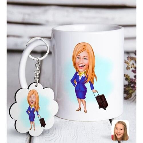 Personalized Stewardess Caricature Of White mug And Keychain Gift Seti-2