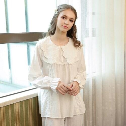 Pajama Lady Autumn Winter New Pure Cotton Jacquard Lady Intimate Lingerie Lace Lovely Solid Color Homewear Casual Sleep Set 2PCS