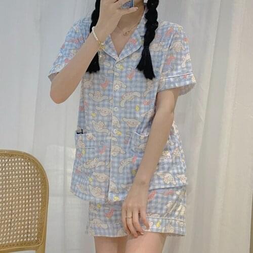 Womens Cute Cartoon Pajamas Set Turn-down Collar Pyjamas Short Sleeves Suit Soft Female Sleepwear Summer Homewear Home Services