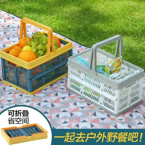 Plastic Foldable Storage Portable Outdoor Picknick Snacks Finishing Hollow Stackable Car Storage Box Toy Shopping Basket