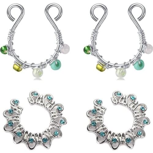 2 Pairs Fake Nipple Rings Shield Circular Barbell Gem Flower Stainless Steel Non Piercing Body Jewellery