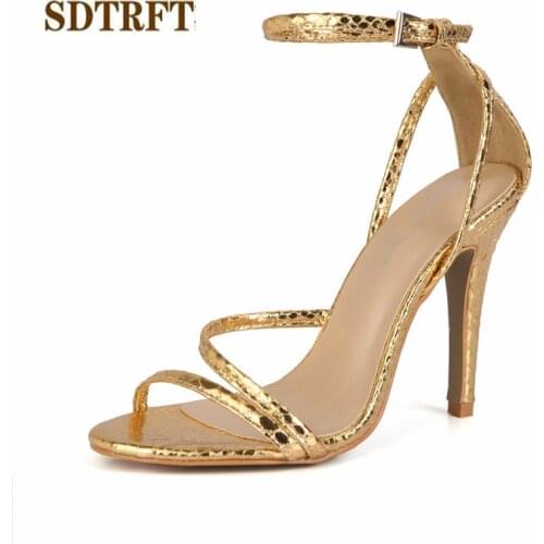 SDTRFT zapatos mujer Gold Sliver Stiletto Snake print PU sandals 10cm Thin High-Heeled Buckle shoes woman pumps Plus:35-42 43