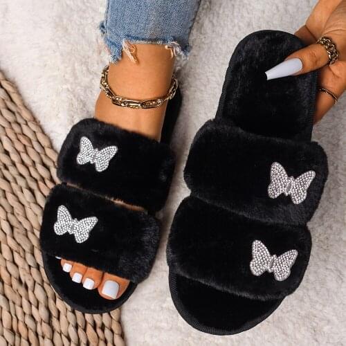Fluffy Slippers Women Indoor Faux Fur Slides Luxury Rhinestone Butterfly Flip Flop Ladies Flat Home Slippers Winter Casual Shoes