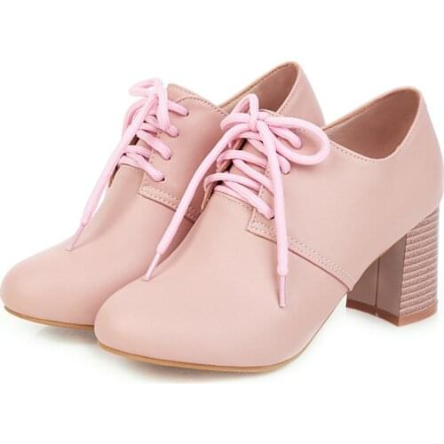 SmallHut 2021 New Women Deep Mouth Pumps Sweet Lace Up High Thick Heels Fashion White Pink Beige Round Toe Female Shoes M144