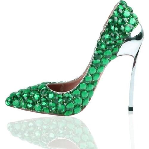 Sparkling Green Crystal Wedding Dress Shoes Women Pumps Pointed Toe Woman Crystal Wedding Shoes Glitter Rhinestone Shoes