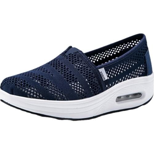 Spring Summer Womens Mesh Toning Wedges Platform Shoes Slip On Breathable Height Increasing Walking Traveling Shoes