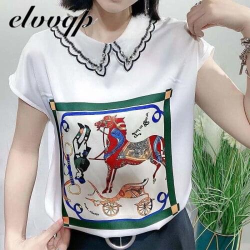 High Quality Women Summer Chiffon Blouses Shirt Lady Fashion Elegant Short Sleeve Turn-down Collar Printed Casual Loose Tops