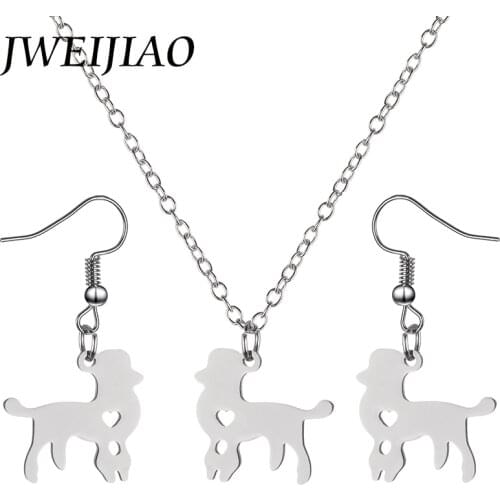 JWEIJIAO Stainless Steel Jewelry Sets Animal Germany Poodle Pendant Neckalce/Earrings Charms Pet Dog Party Jewelry Gift SKU06