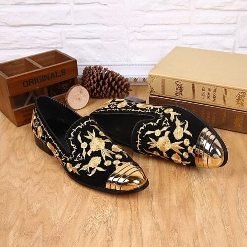 Luxury Formal genuine leather gold round toe embroidery slip on velvet loafers slipper classic italian dress formal men shoes