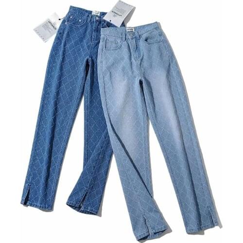 2021 Summer Casual Denim Diamond Plaid Straight Open Fork Womens Jeans DLZK530