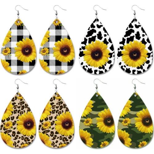 Mixed Sunflower Buffalo Plaid Leopard Print Vegan Leather Teardrop Earrings for Women 2021 Blooming Flower Camouflage Earrings