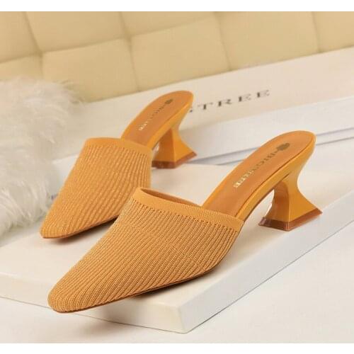 BIGTREE New Korean Fashion Daily Lazy Slippers Thick Heel High Heel Wool Hollow Square Head Simple All-match Womens Slippers