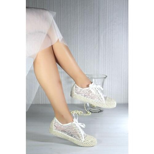 Kattie Ladies Bridal Women Floral Pearl Lace Luxury Handmade Fashion White Wedding Shoes