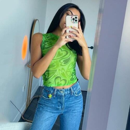2021 Print Mesh Crop Top Women Y2K Sexy Green Off Shoulder Summer Blue See Through Orange Sleeveless Fashion Tank Tops
