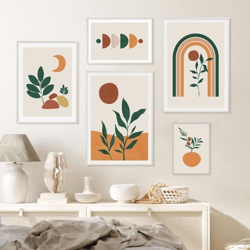 Abstract Landscape Rainbow Leaf Boho Sun Moon Posters Canvas Painting Wall Art Print Picture for Living Room Interior Home Decor