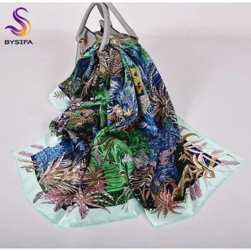 BYSIFA| Elegant Women Pure Silk Square Scarf Shawl Printed Brand Green Coffee Ladies Scarves Wraps 90*90cm Fall Winter Headscarf