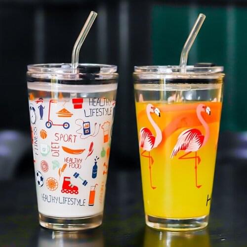 450ml Travel Glass Mug Coffee Cup Heat-Resistant Glass Scale Cup Car Water Milk Cup Insulation Non-slip Cover Glass Straw Set