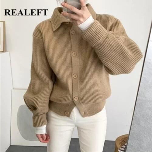 REALEFT Autumn Winter 2021 New Thicken Women Cardigan Sweaters Elegant Solid Long Sleeve Casual Loose Knitted Cardigans Female