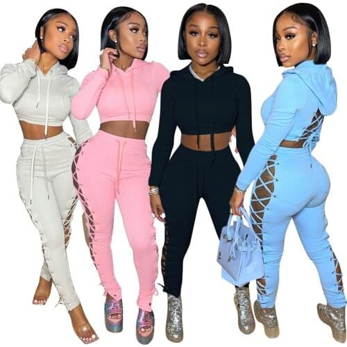 2 Piece Set Women Autumn Winter New Matching Sets Fashion Eyelet Straps Solid Color Pants Suit Sexy Hollow Sweater Pencil Pants