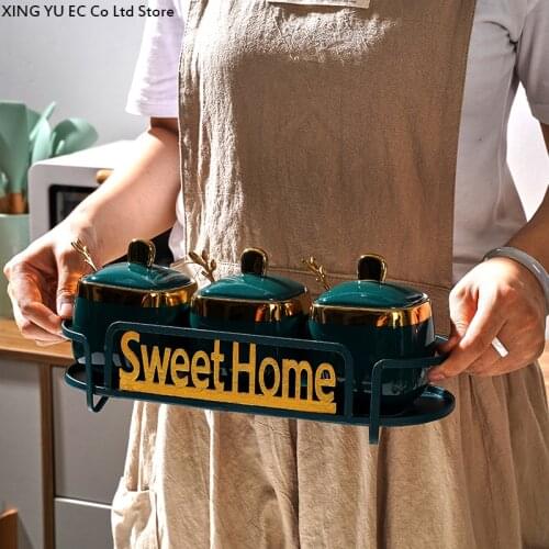 Creative Kitchen Supplies Salt Jar Seasoning Box Glass Bottle Sugar Bowl Combination Set Metal Iron Tray Household Storage Box