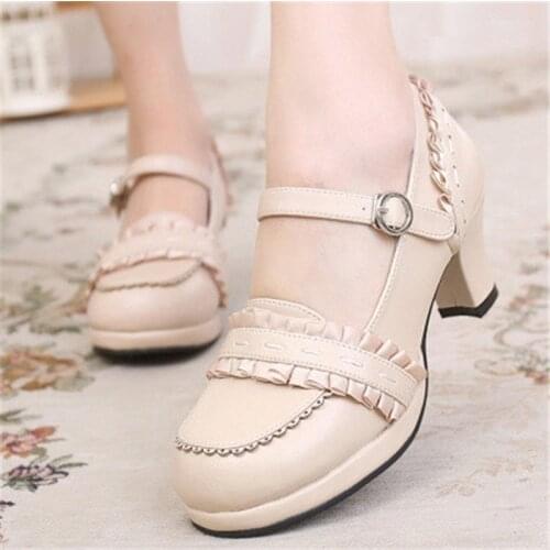 Kawaii Cute Pink Lolita Ribbon Sweet Lolitas Round Head Solid Color Thick High Heel 6cm Dress Shoes Cosplay Pu Anime Goth Summer