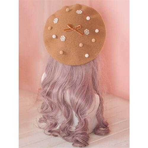 Lolita Beret Cute Woolen Pompom Light coffee Lolita Hat