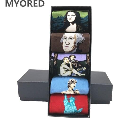MYORED 5 pair/lot mens crew socks funny colorful oil painting Mona lisa socks novelty cotton sock men casual dress socks NO BOX
