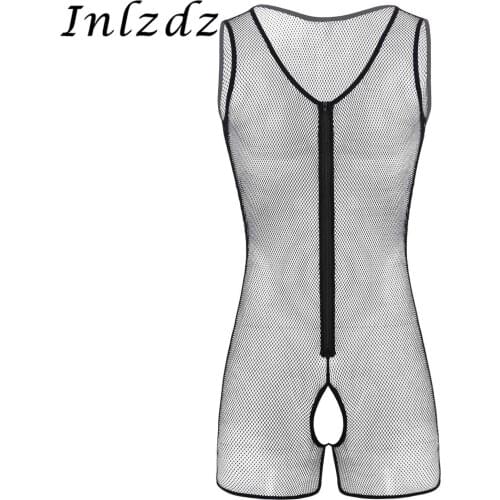 Mens Lingerie Sex Fishnet Bodysuit See Through Sheer Sleeveless Crotchless Front Zipper Hot Sexy Tank Leotard Bodysuit Underwear