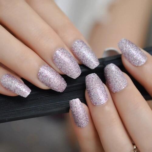Purple Pink Glitter Coffin False Nails Pre Designs Medium Long Ballerina Fake Nail Flat Manicure Artificial Nails Tips 24pcs/set