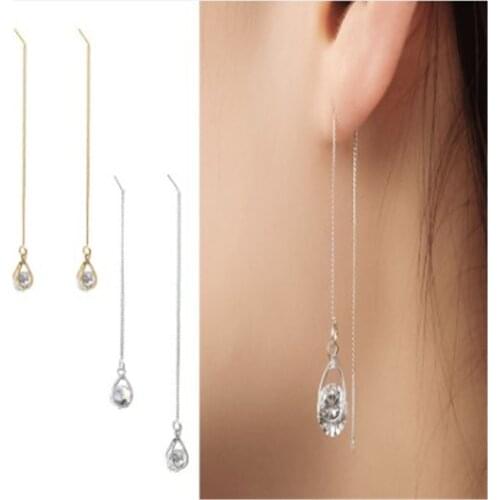 1 Pair New Female Earrings Drop Rhinestone Earrings Brief Personality Long Tassel Design Waterdrop Style Crystal Earrings