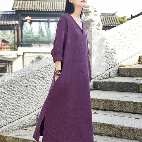 New arrival retro robe hand-made vintage one button gown cotton linen long sleeved dress long design clothing white dresses