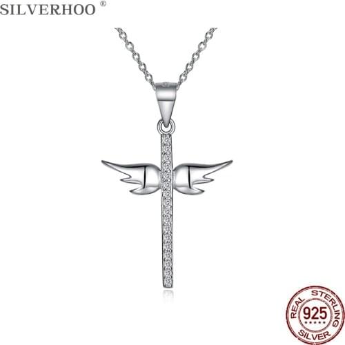 SILVERHOO 925 Sterling Silver Cute Angel Wing Cross Pendant Necklaces Women Clear 5A Cubic Zirconia Necklace Romantic Jewelry