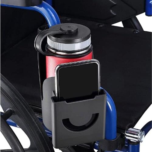 Wheelchair Drink Cup Holder, 2 in 1 Large Water Bottle Holder and Phone Bracket with Strap Mount 3MM Thick Cups Holder Universal