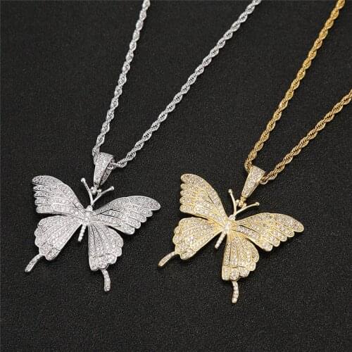 3pcs Bling Iced Out Cubic Zircon Butterfly Pendant Luxury Necklace Fashion Designer Hip Hop Jewelry With 24 Inches Chain