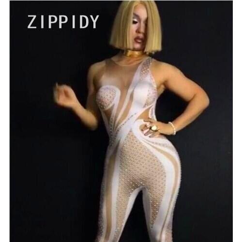 Simple Sparkly AB Rhinestone Jumpsuit Bling Celebrate Leggings Outfit Costume Nightclub Dj Singer Stage Performance Show Wear