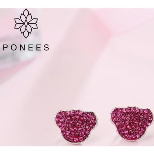 PONEES Simple Cute Mickey Mini Earrings With Fuchsia Crystal Jewelry Punk Animal Earrings Children Kids Stud Earrings Women