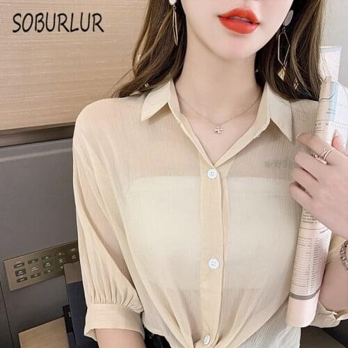 SOBURLUR Chiffon Womens Clothing Solid Color Blouses Womens Shirt Blousas Top Woman Oversized 2021 Summer New Tops