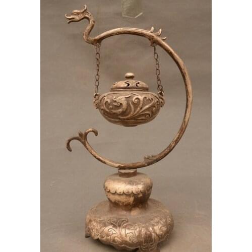 Old China Silver Dragon Beast Suspension Incense Burner Censer Incensory Statue