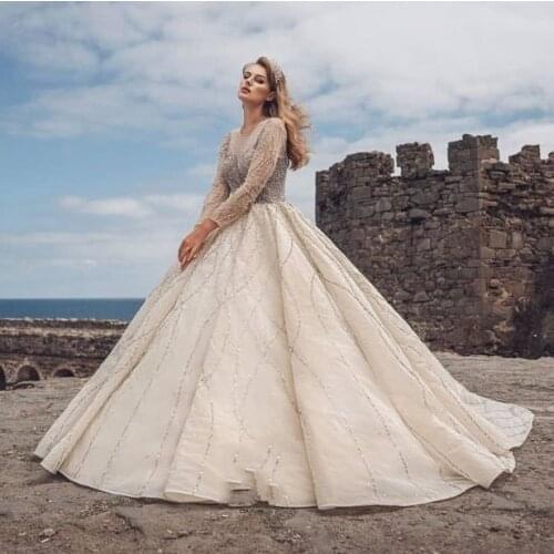 Sparkling Beaded Wedding Gowns Long Sleeves Muslim Style Plus Size Bridal Wedding Gowns In Dubai Ball Gown Shape