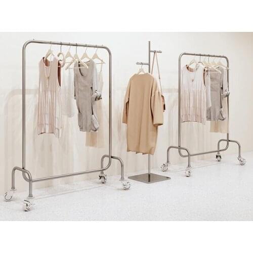 Clothing store display rack floor type stainless steel wire drawing with wheels silver hanging rod womens store shelf