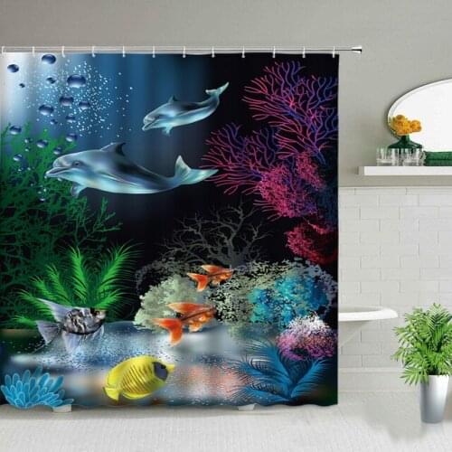 Funny Dolphin Shower Curtains Blue Seawater Sea Wave Scenery Bathroom Decor Cloth Hanging Curtain With Hooks Cute Animal