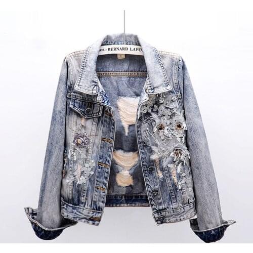 2021 Spring Streetwear Fashion Handwork Beading Flowers Short Denim Jacket Coat Women Outerwear Slim Holes Jeans Jackets Female