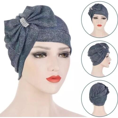 2021 new multicolor glitter bowknot fashion turban hat cross forehead big bow diamond-studded turbans for women headwrap muslim