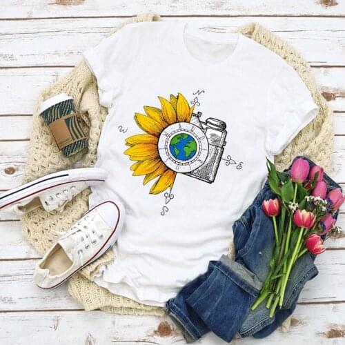Women Sweet Sunflower World Camera Vintage Print Summer Shirt Tops Lady Clothes T-Shirt Womens Clothing Tee Lovely T Shirt
